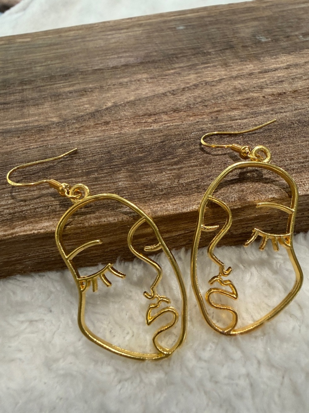Modern Gold Abstract Face Wire Hook Earrings